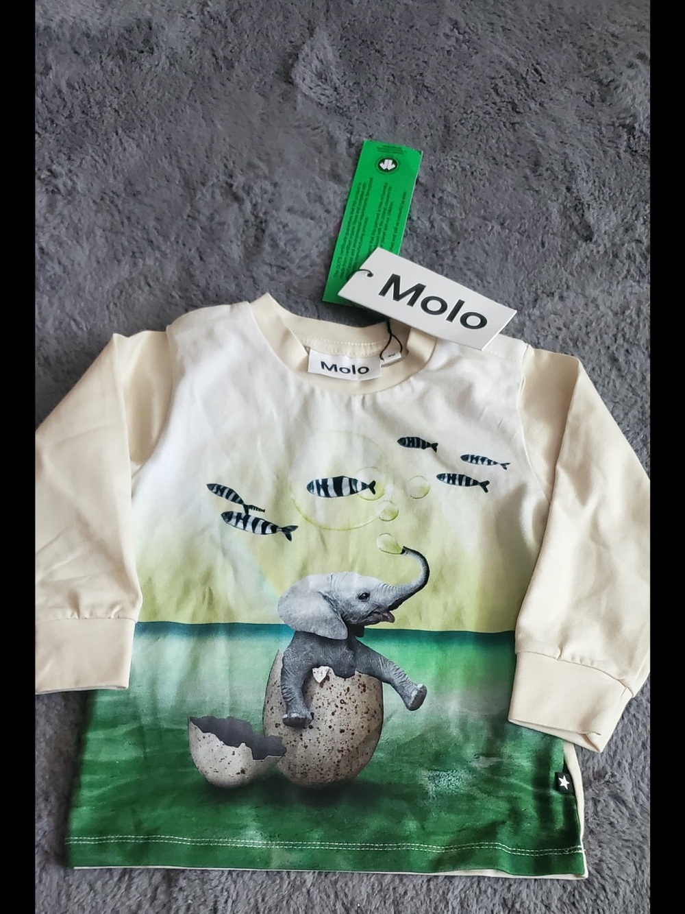 Molo Cream & Green Elephant Hatchling Long Sleeve Tee